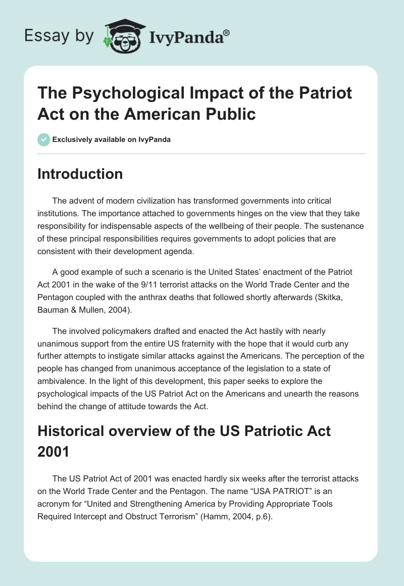 The Psychological Impact of the Patriot Act on the American Public. Page 1