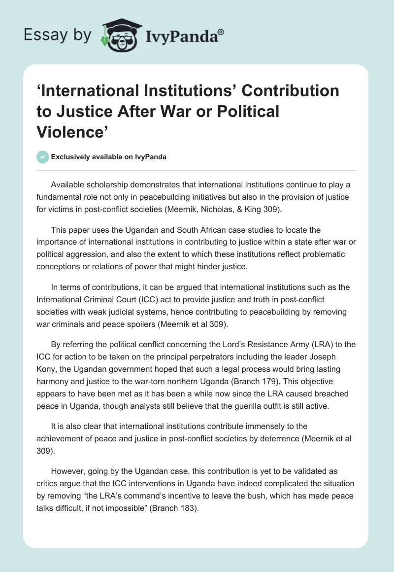 ‘International Institutions’ Contribution to Justice After War or Political Violence’. Page 1