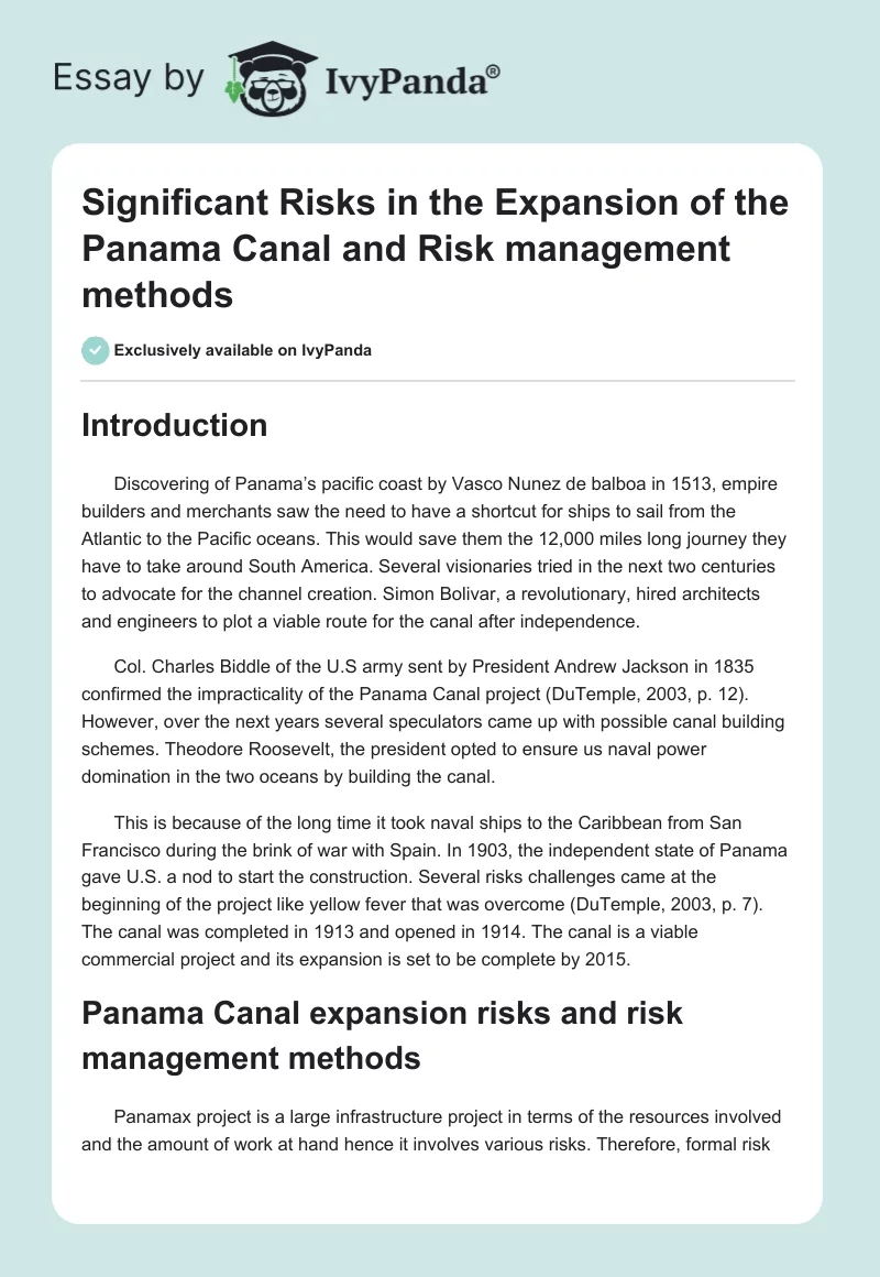 Significant Risks in the Expansion of the Panama Canal and Risk management methods. Page 1