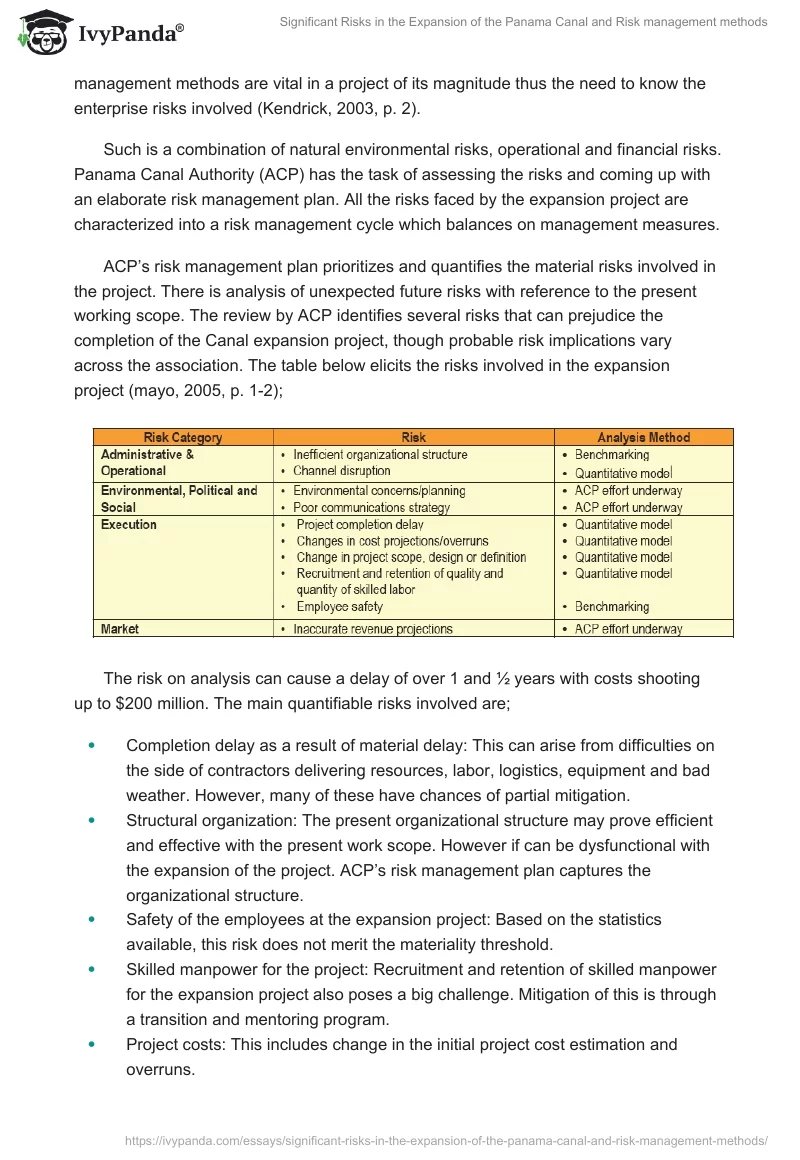 Significant Risks in the Expansion of the Panama Canal and Risk management methods. Page 2