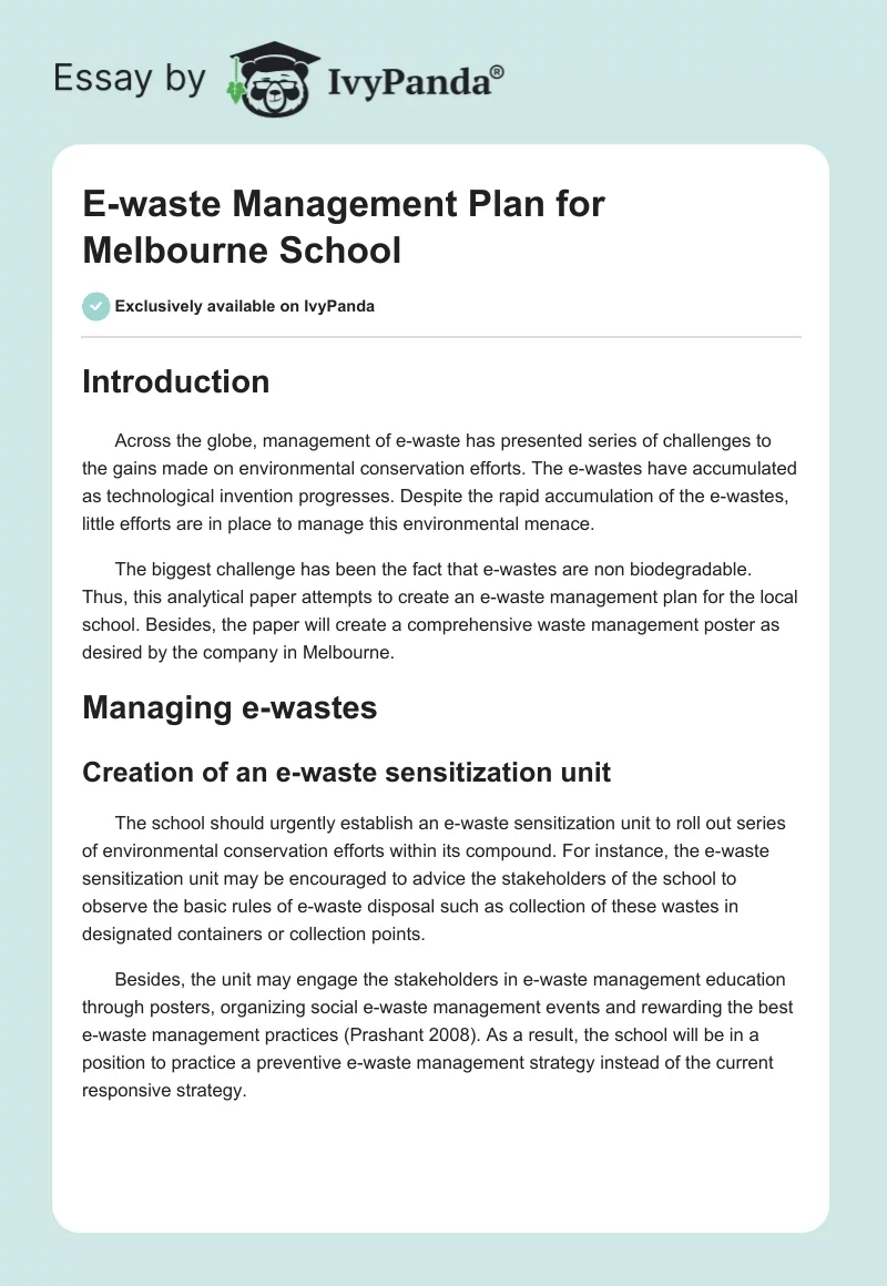 E-Waste Management Plan for Melbourne School. Page 1