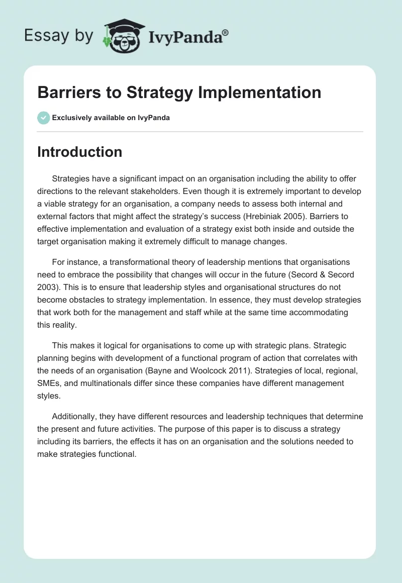 Barriers to Strategy Implementation. Page 1