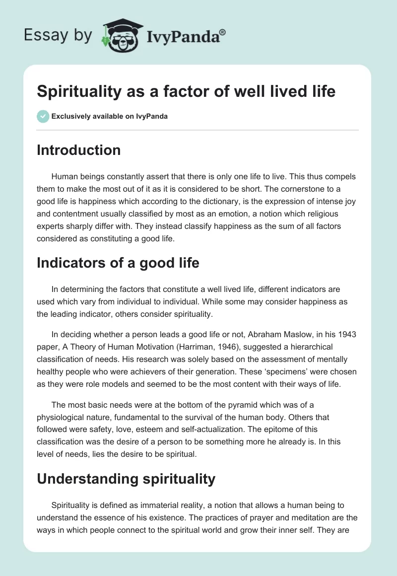 Spirituality as a factor of well lived life. Page 1