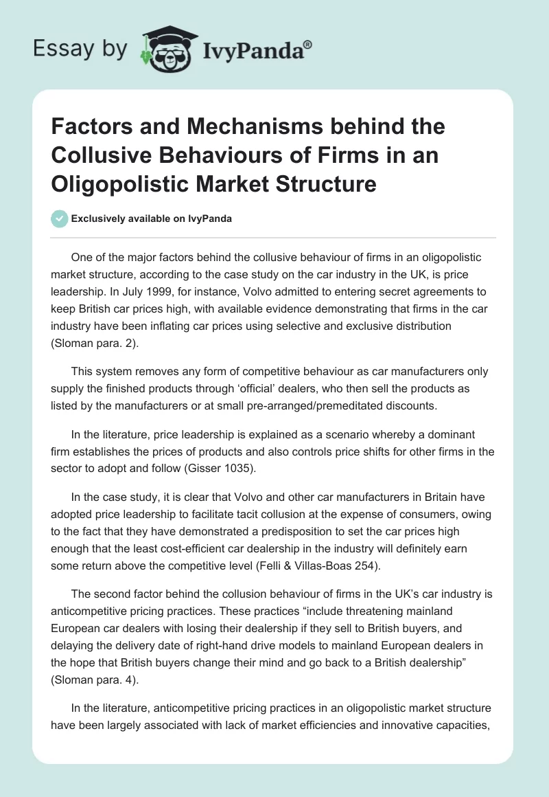 Factors and Mechanisms behind the Collusive Behaviours of Firms in an Oligopolistic Market Structure. Page 1