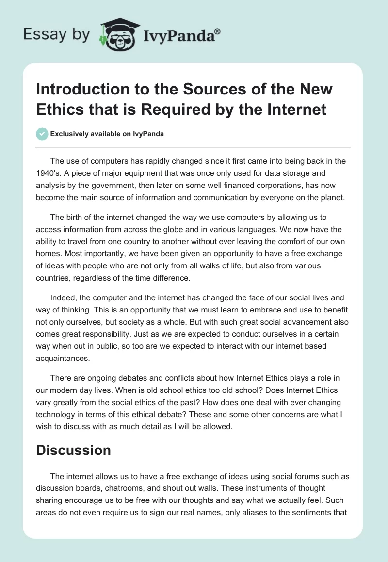 Introduction to the Sources of the New Ethics that is Required by the Internet. Page 1
