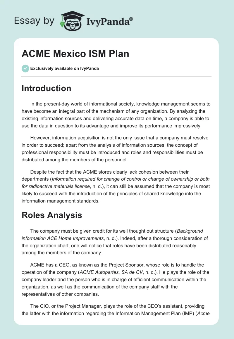 ACME Mexico ISM Plan. Page 1