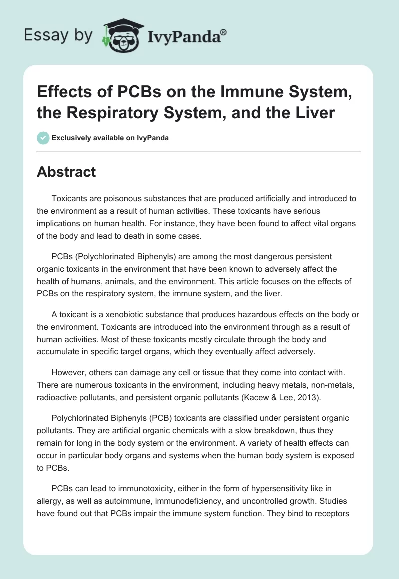 Effects of PCBs on the Immune System, the Respiratory System, and the Liver. Page 1