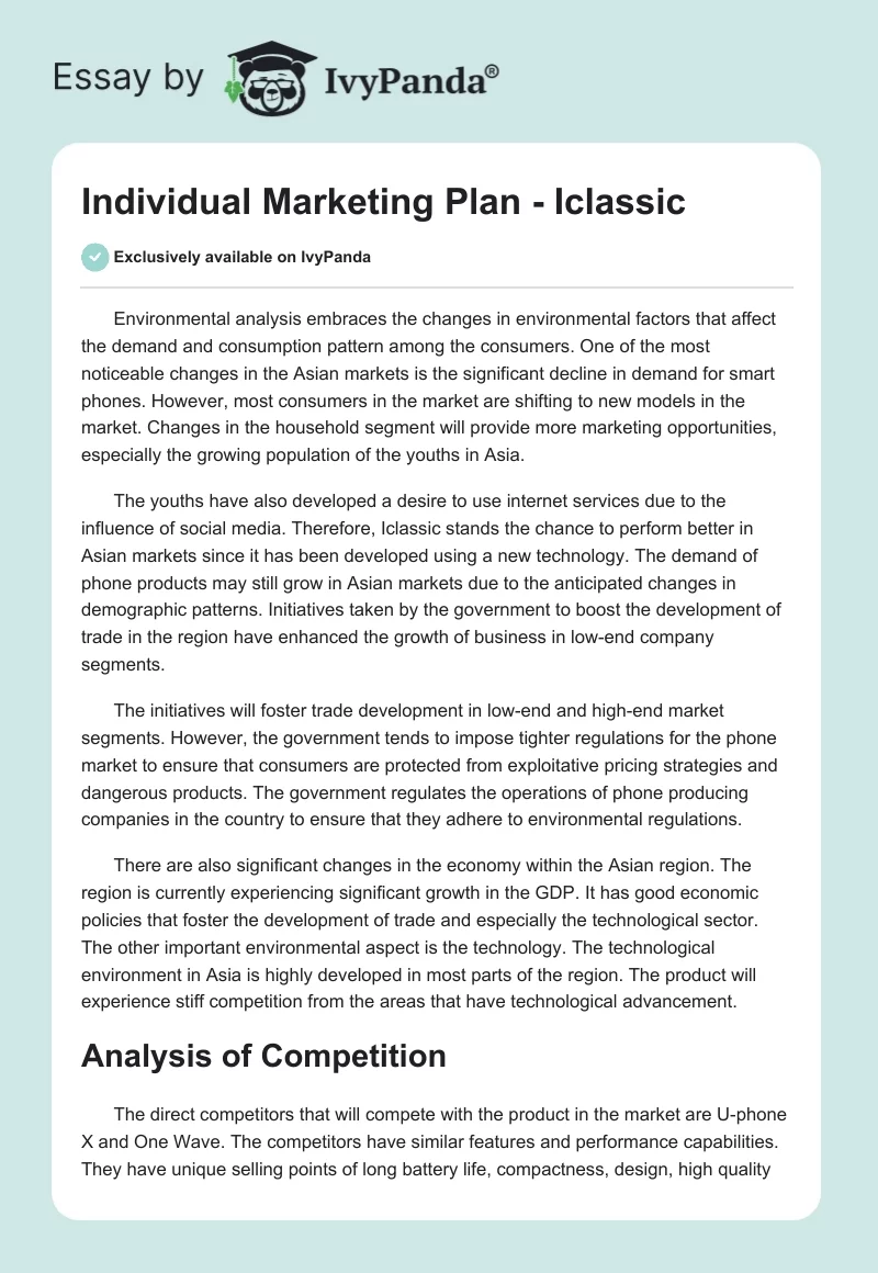 Individual Marketing Plan - Iclassic. Page 1