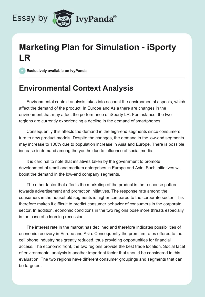 Marketing Plan for Simulation - iSporty LR. Page 1