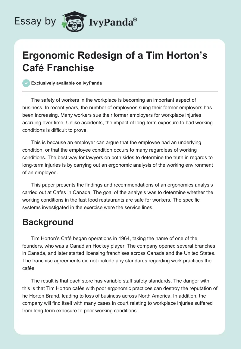 Ergonomic Redesign of a Tim Horton’s Café Franchise. Page 1