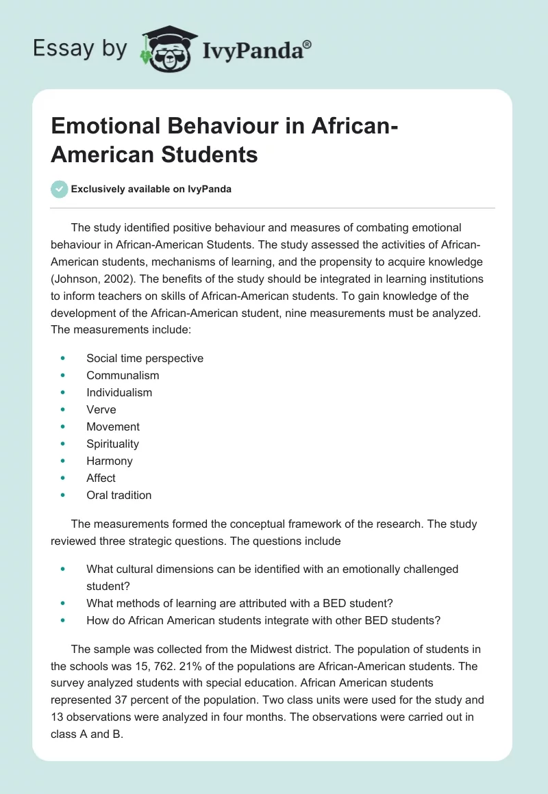 Emotional Behaviour in African-American Students. Page 1