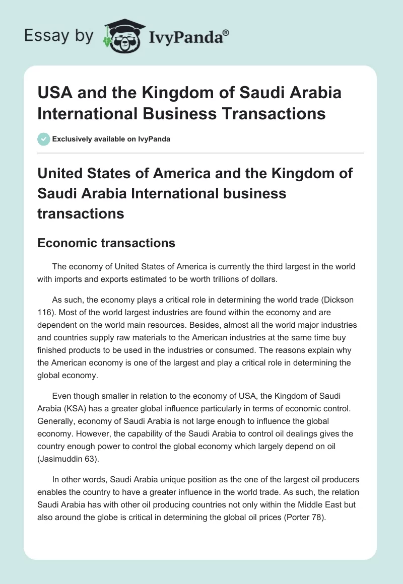 USA and the Kingdom of Saudi Arabia International Business Transactions. Page 1