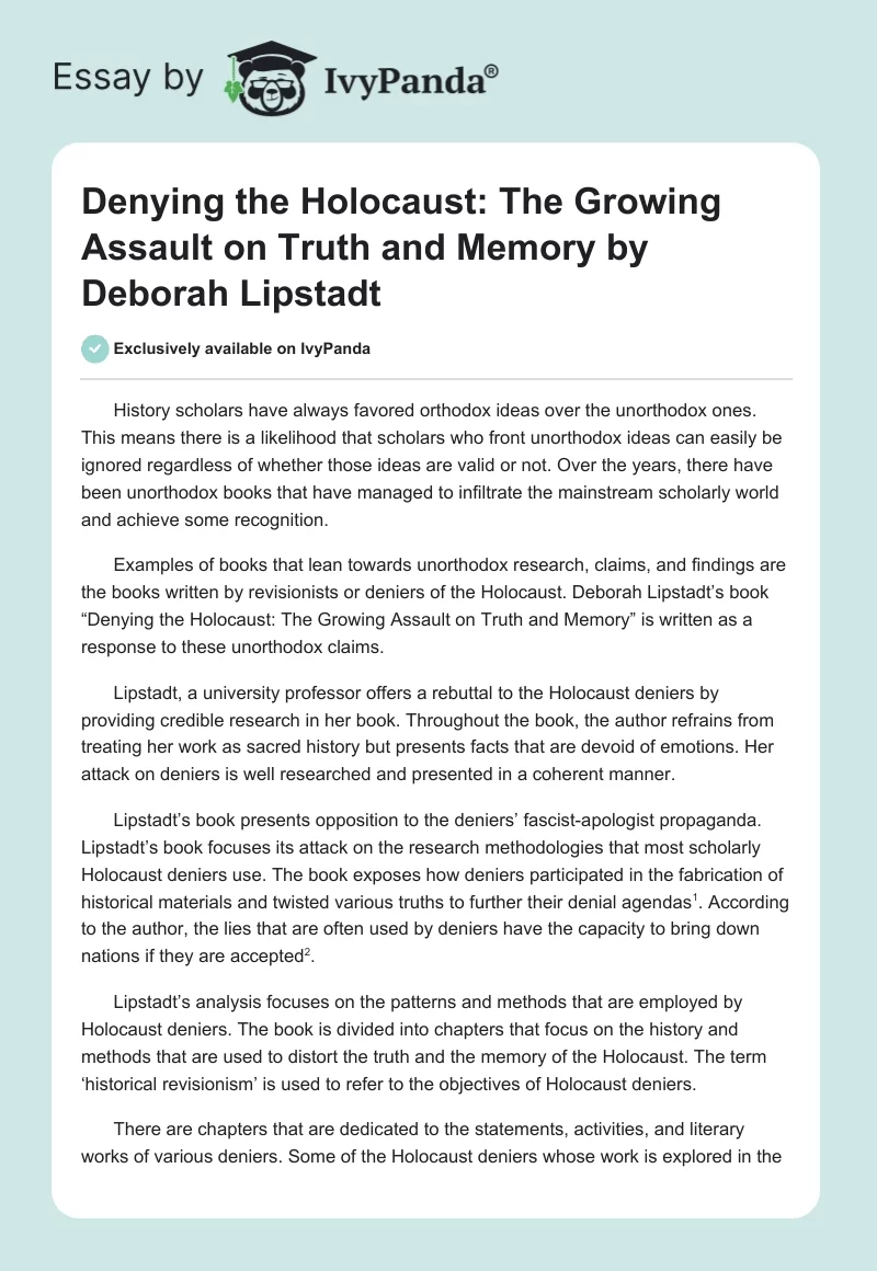 Denying the Holocaust: The Growing Assault on Truth and Memory by Deborah Lipstadt. Page 1