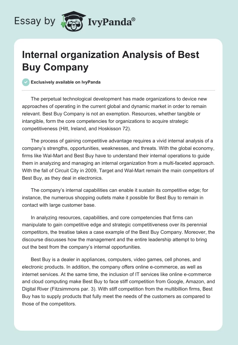 Internal organization Analysis of Best Buy Company. Page 1