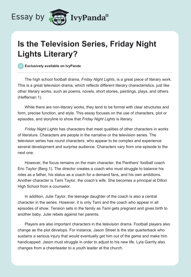 Is the Television Series, Friday Night Lights Literary?. Page 1