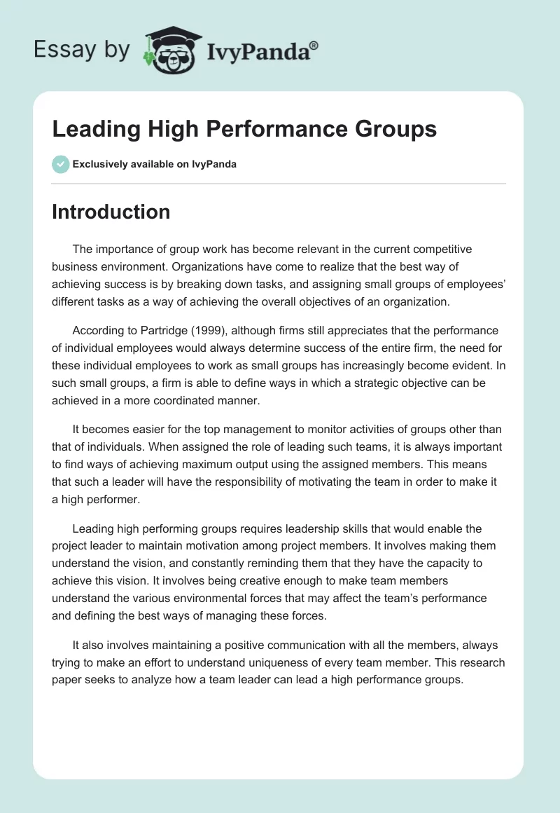 Leading High Performance Groups. Page 1