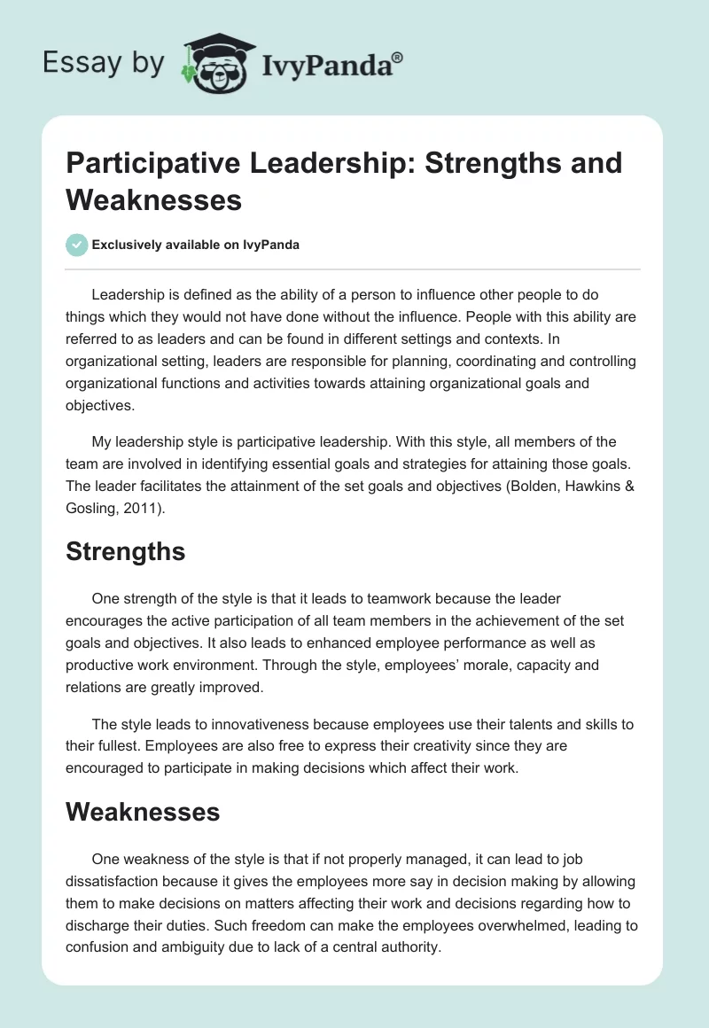 Participative Leadership: Strengths and Weaknesses. Page 1