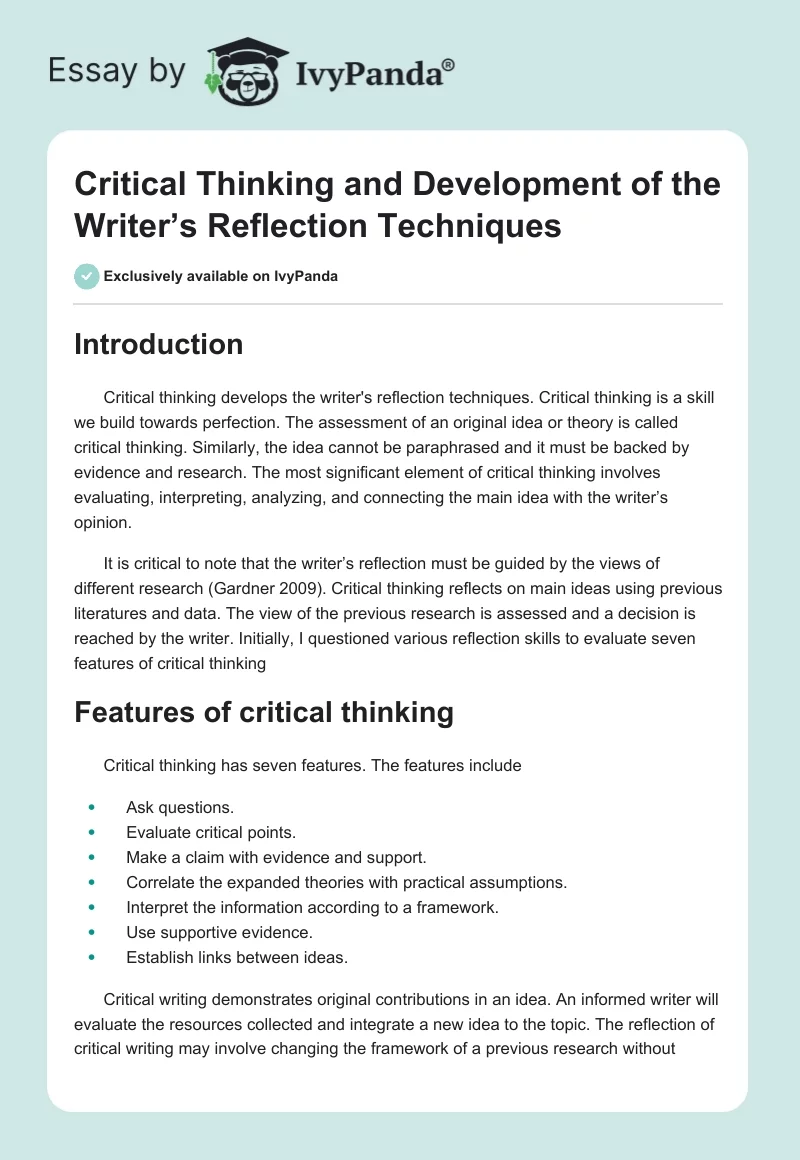 Critical Thinking and Development of the Writer’s Reflection Techniques. Page 1