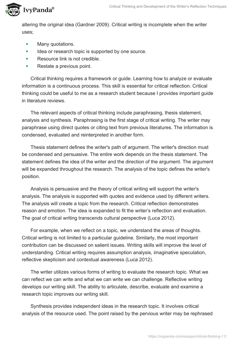 Critical Thinking and Development of the Writer’s Reflection Techniques. Page 2
