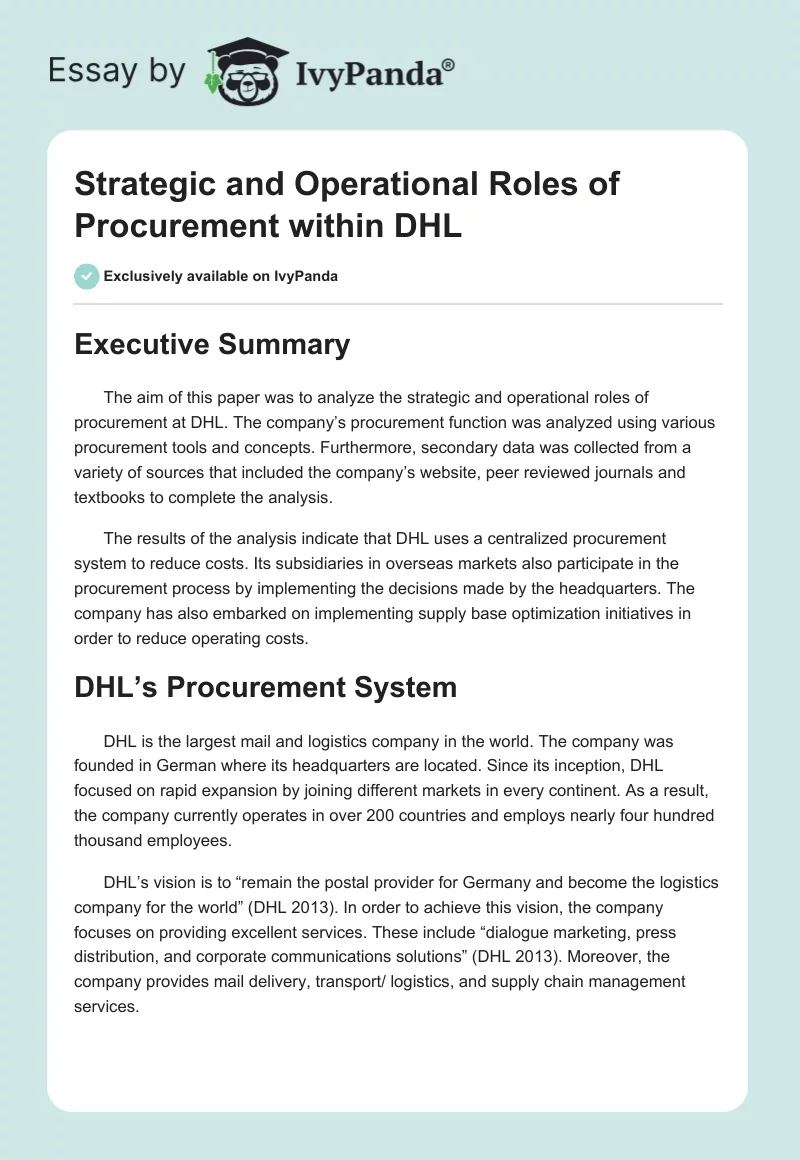 Strategic and Operational Roles of Procurement Within DHL. Page 1