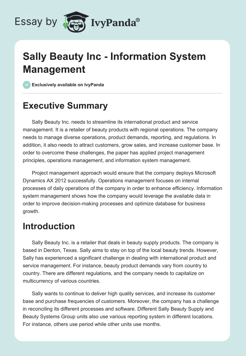 Sally Beauty Inc - Information System Management. Page 1