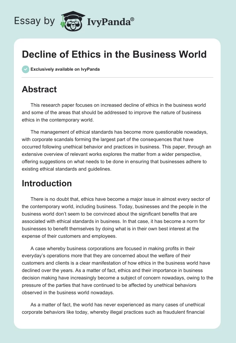 Decline of Ethics in the Business World. Page 1