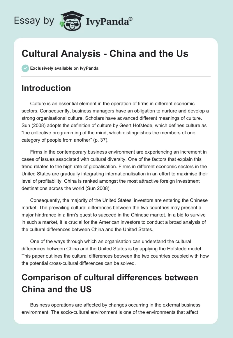 Cultural Analysis - China and the Us. Page 1
