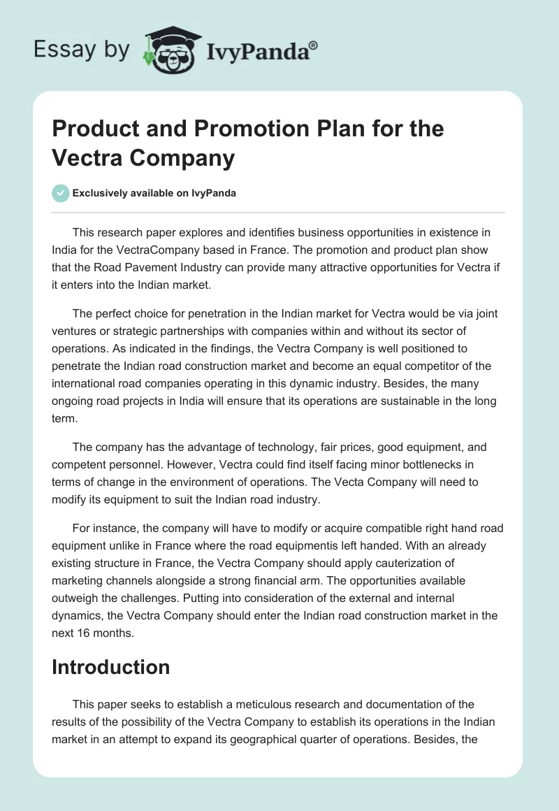 Product and Promotion Plan for the Vectra Company. Page 1