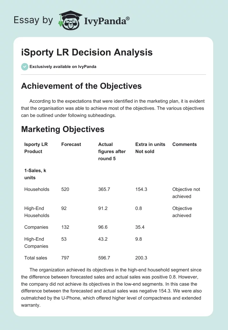 iSporty LR Decision Analysis. Page 1