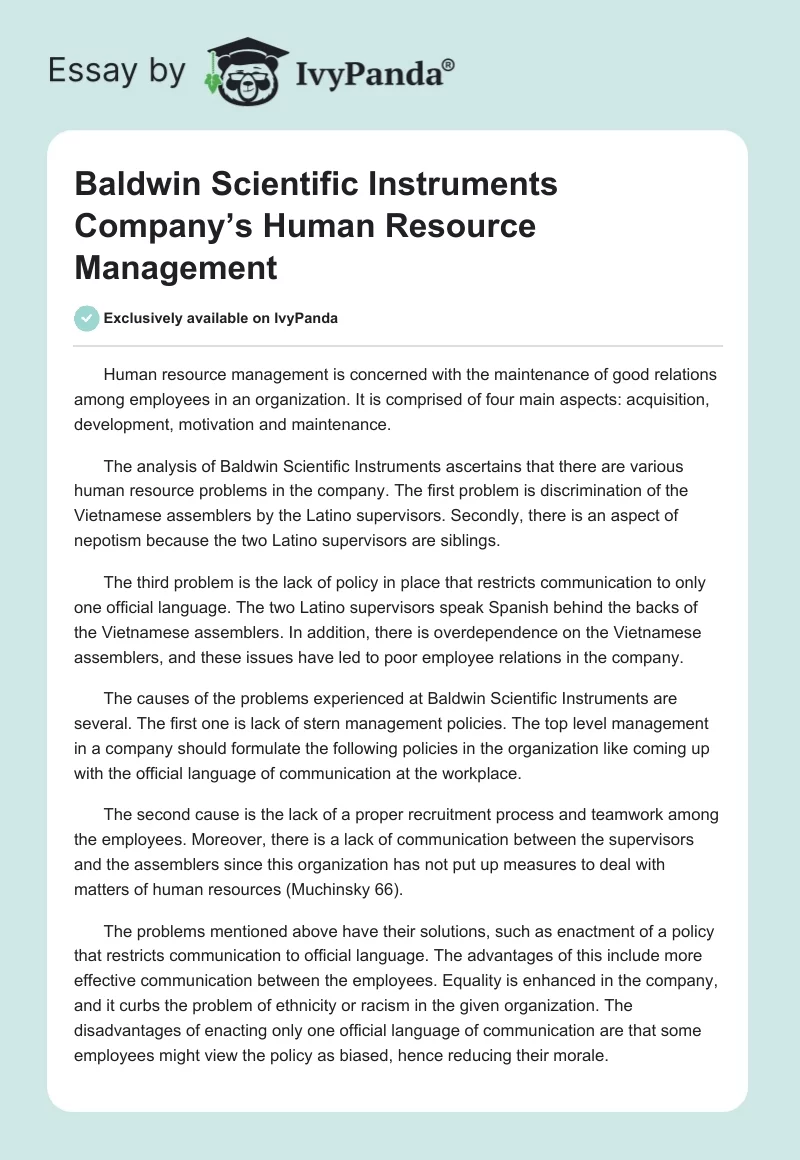 Baldwin Scientific Instruments Company’s Human Resource Management. Page 1