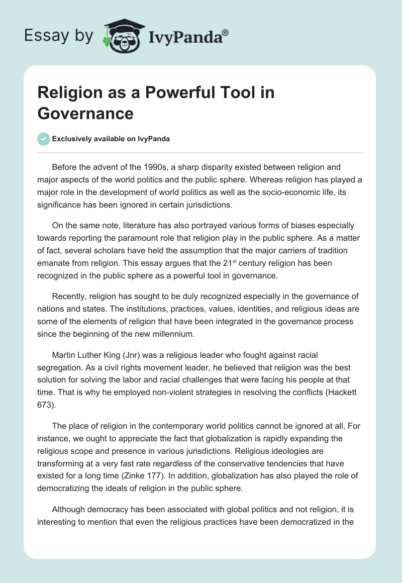 Religion as a Powerful Tool in Governance. Page 1
