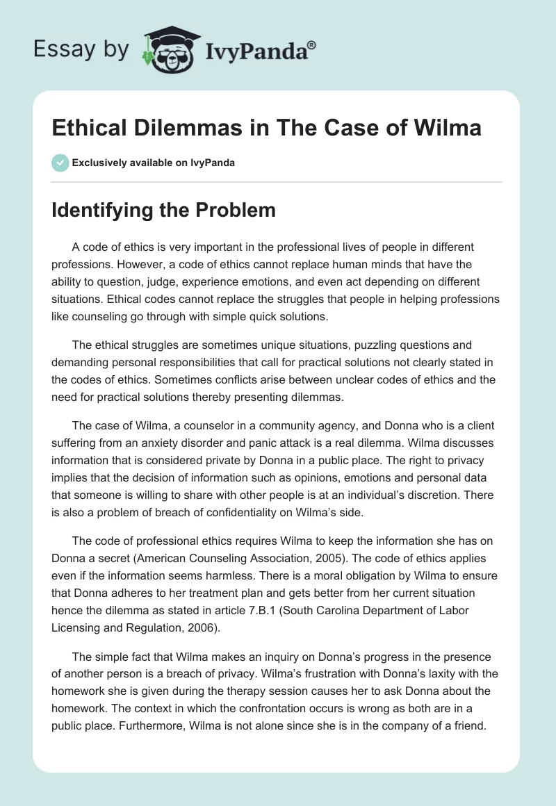 Ethical Dilemmas in The Case of Wilma. Page 1