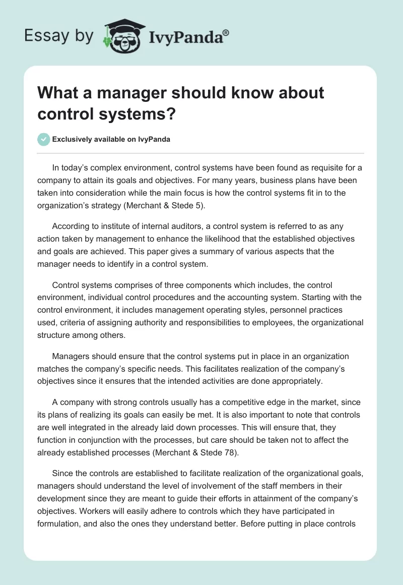What a manager should know about control systems?. Page 1