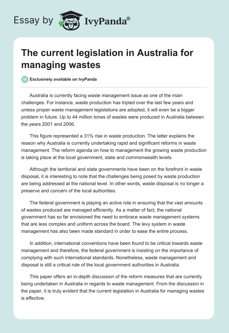 The current legislation in Australia for managing wastes. Page 1