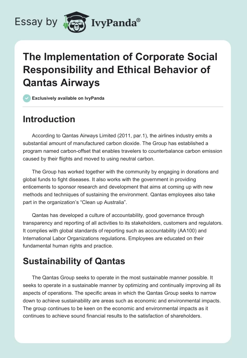 The Implementation of Corporate Social Responsibility and Ethical Behavior of Qantas Airways. Page 1