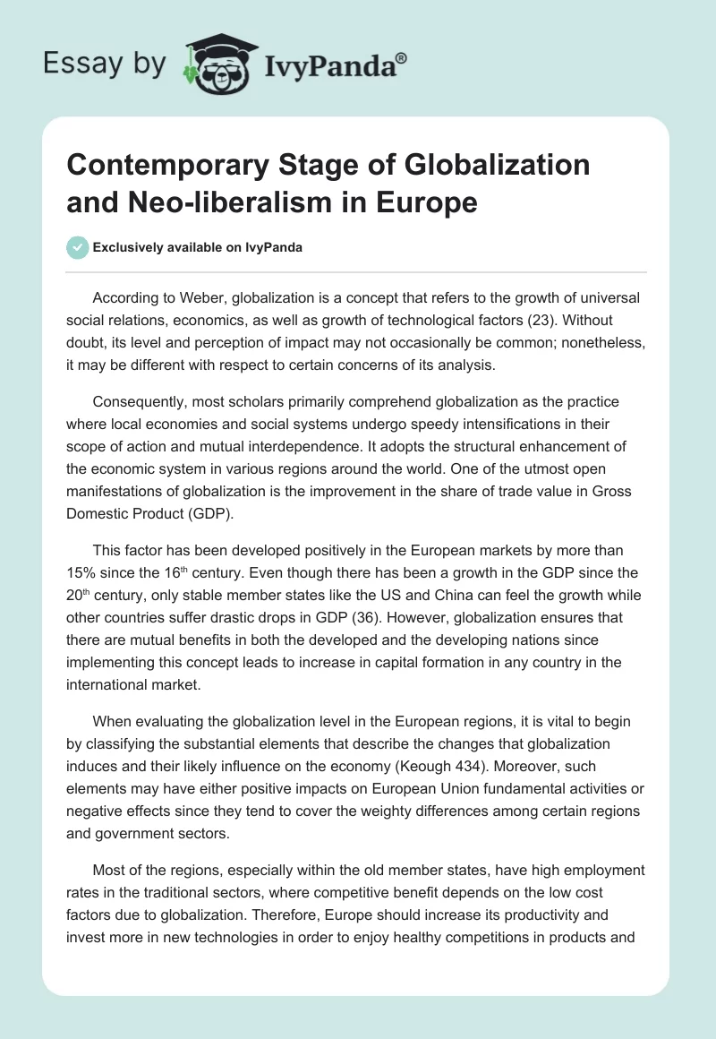 Contemporary Stage of Globalization and Neo-liberalism in Europe. Page 1