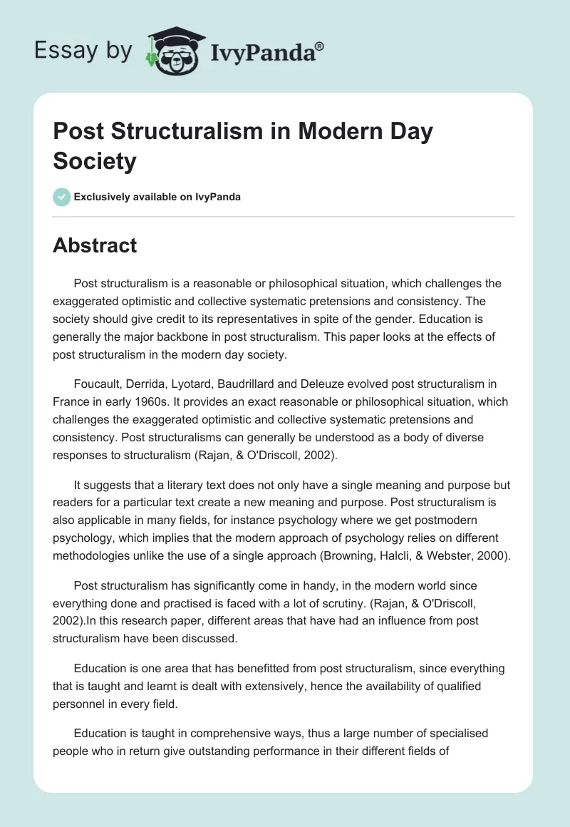 Post Structuralism in Modern Day Society. Page 1