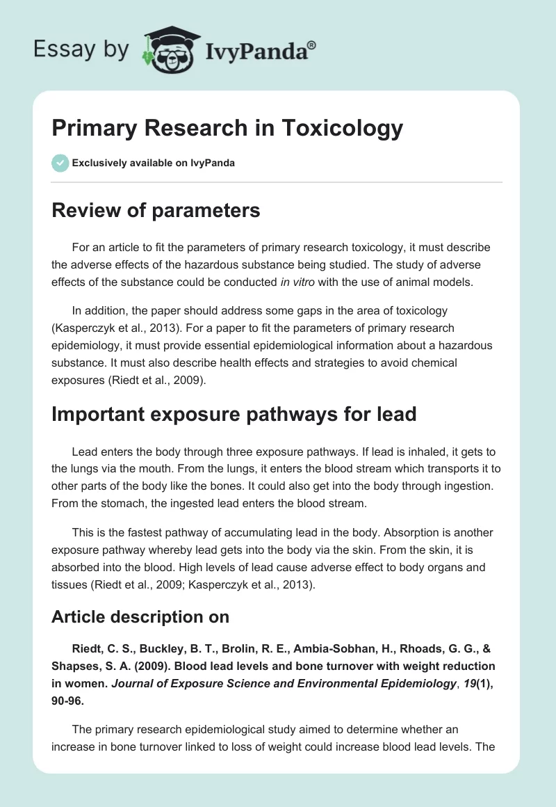 Primary Research in Toxicology. Page 1