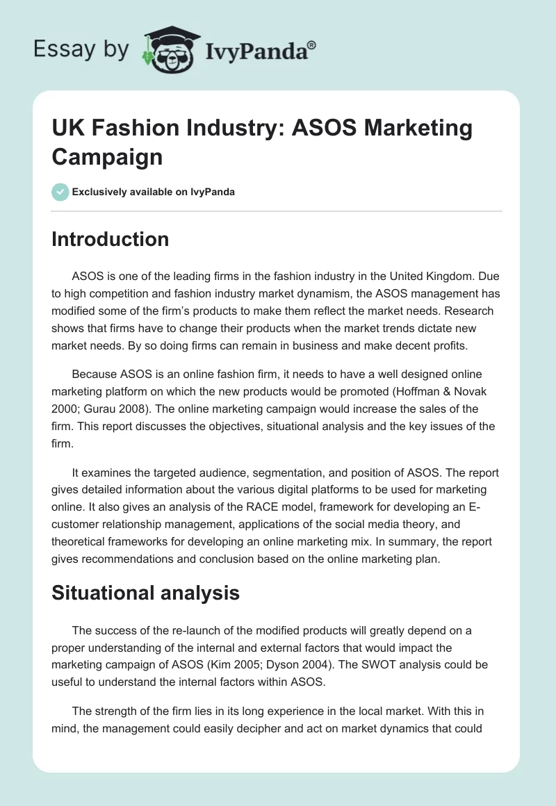 UK Fashion Industry: ASOS Marketing Campaign. Page 1
