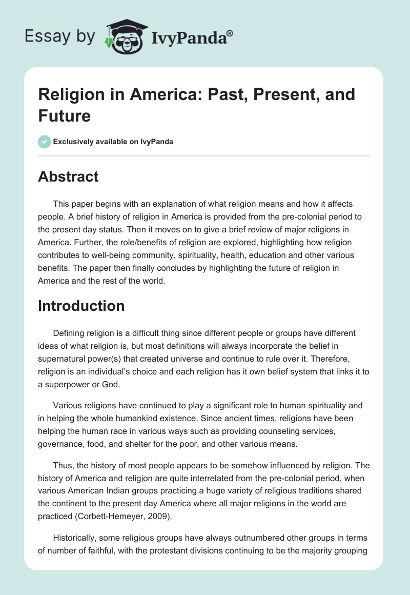 Religion in America: Past, Present, and Future. Page 1