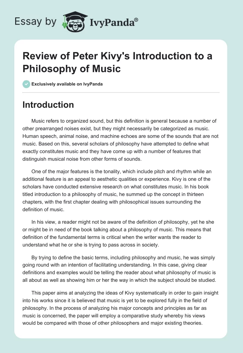 Review of Peter Kivy's Introduction to a Philosophy of Music. Page 1
