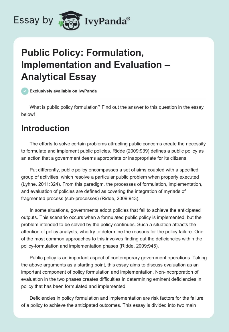 Public Policy: Formulation, Implementation and Evaluation – Analytical Essay. Page 1