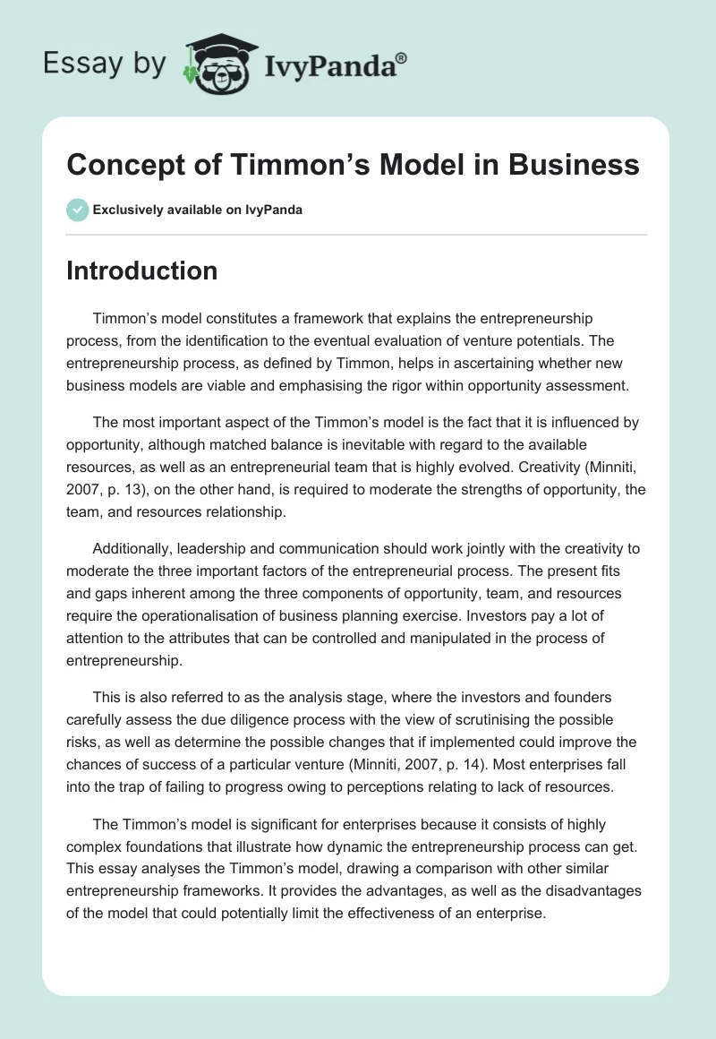 Concept of Timmon’s Model in Business. Page 1