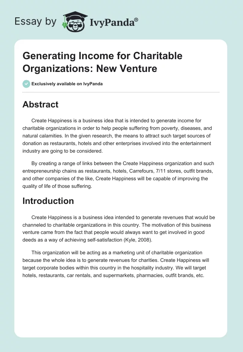 Generating Income for Charitable Organizations: New Venture. Page 1