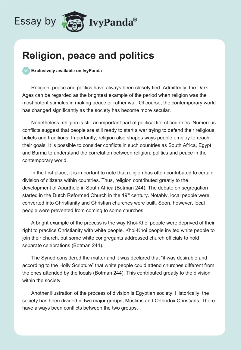 Religion, peace and politics. Page 1