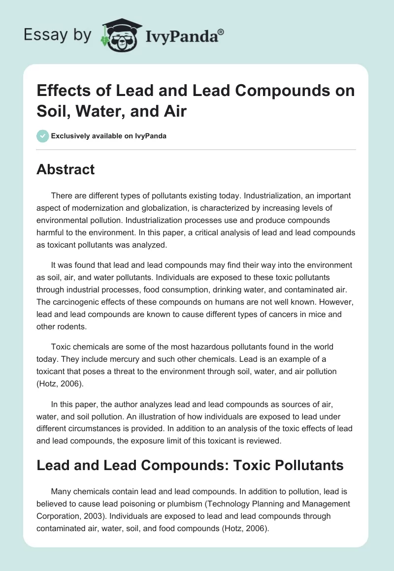Effects of Lead and Lead Compounds on Soil, Water, and Air. Page 1