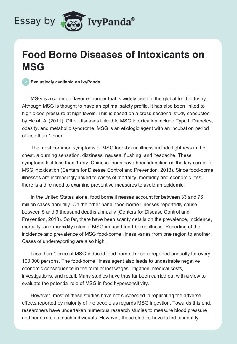 Food Borne Diseases of Intoxicants on MSG. Page 1
