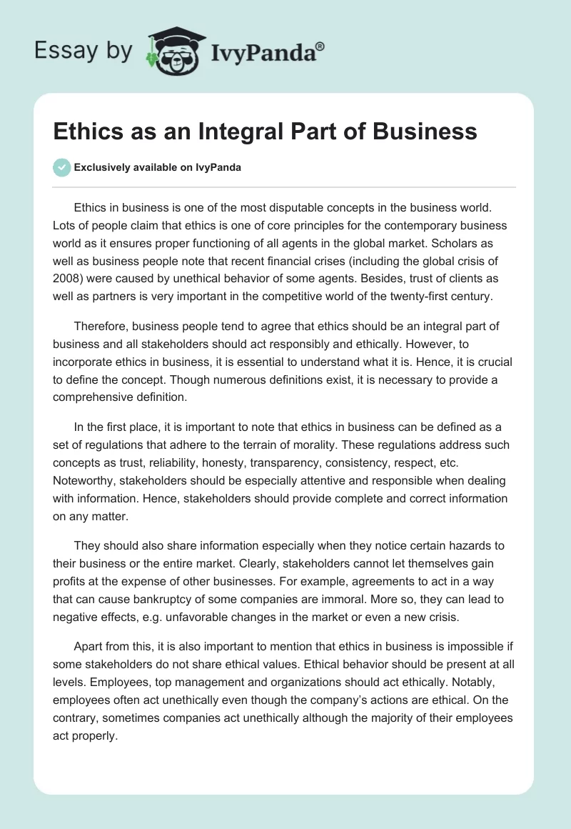 Ethics as an Integral Part of Business. Page 1
