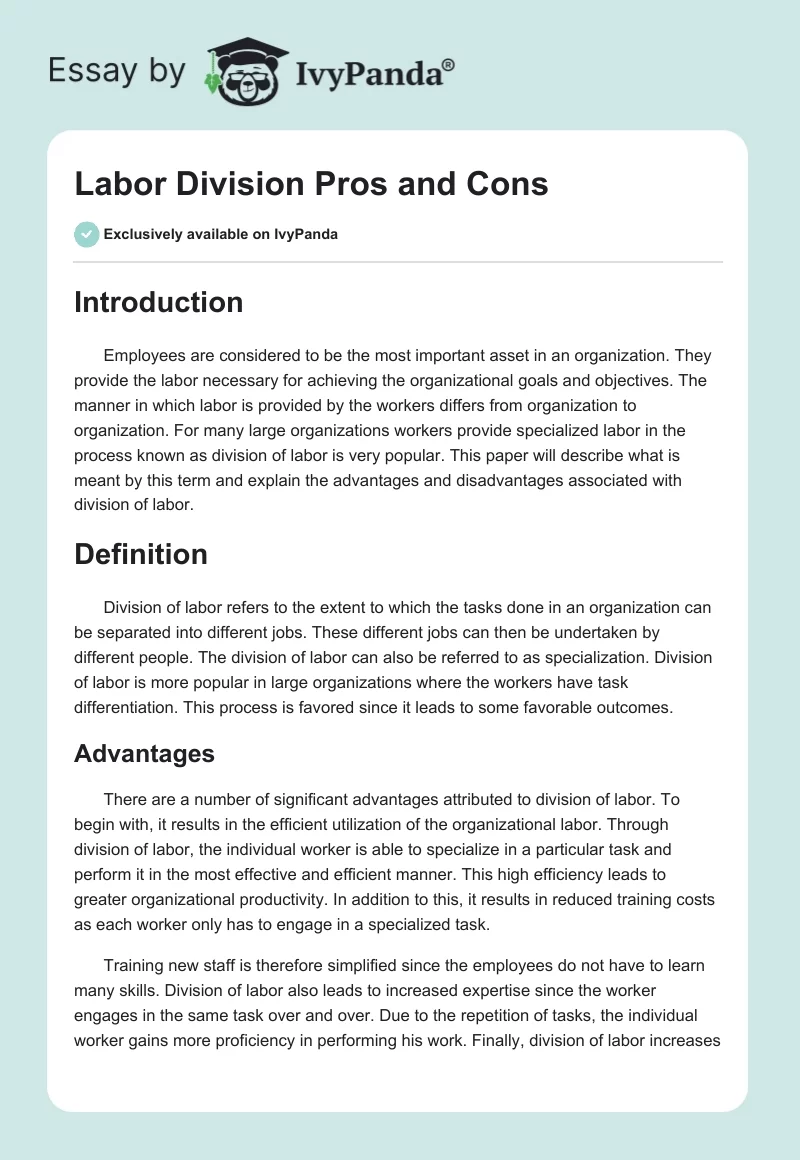 Labor Division Pros and Cons. Page 1