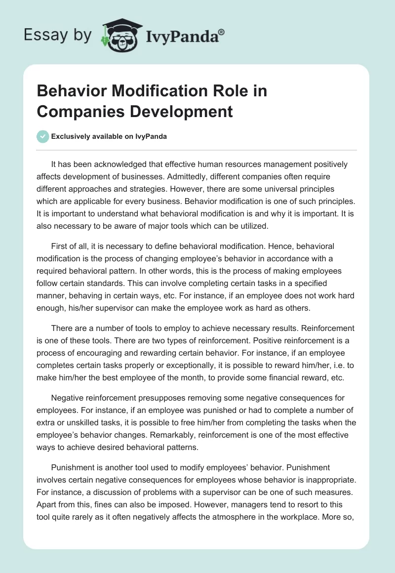 Behavior Modification Role in Companies Development. Page 1